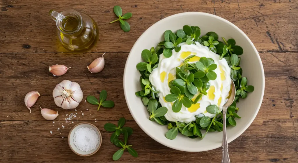 Yoğurtlu semizotu salatası görseli, doğal ışıkla çekilmiş